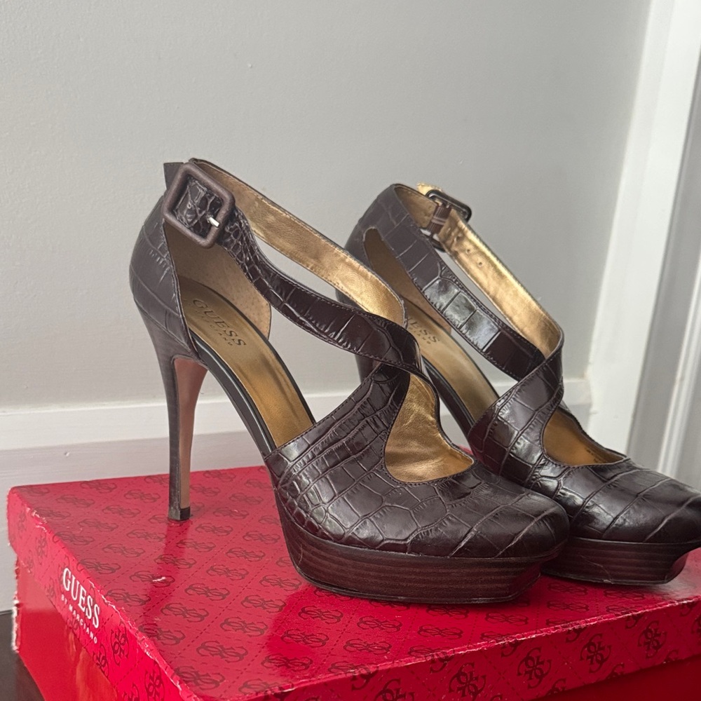 GUESS Dark Brown Croc-Patterned Heels